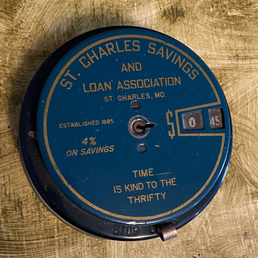 Vintage St. Charles MO Savings Bank & Loan Assoc USA Metal Coin Bank  No Key